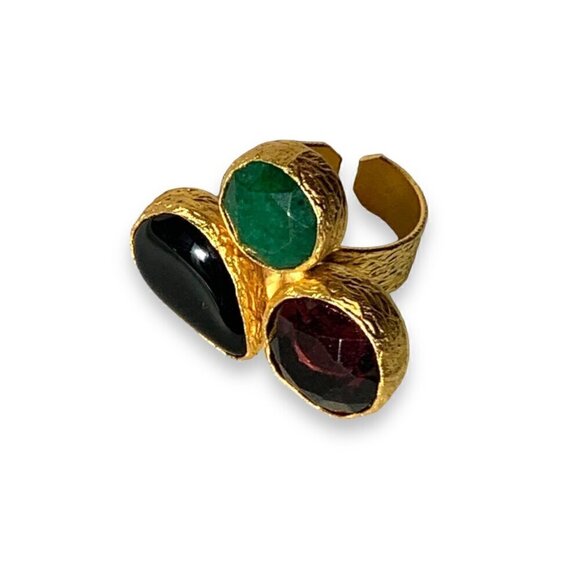 NEW Cocktail Ring 24K Gold Plated Onyx Amethyst Emerald Gem Cluster Adjustable - Picture 8 of 11